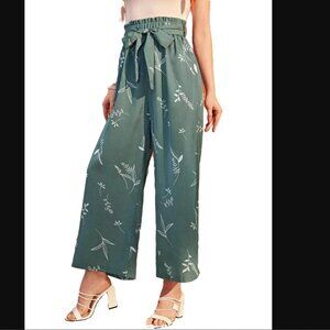 High Wasted Wide Leg‎ Trousers Elastic Teal Floral